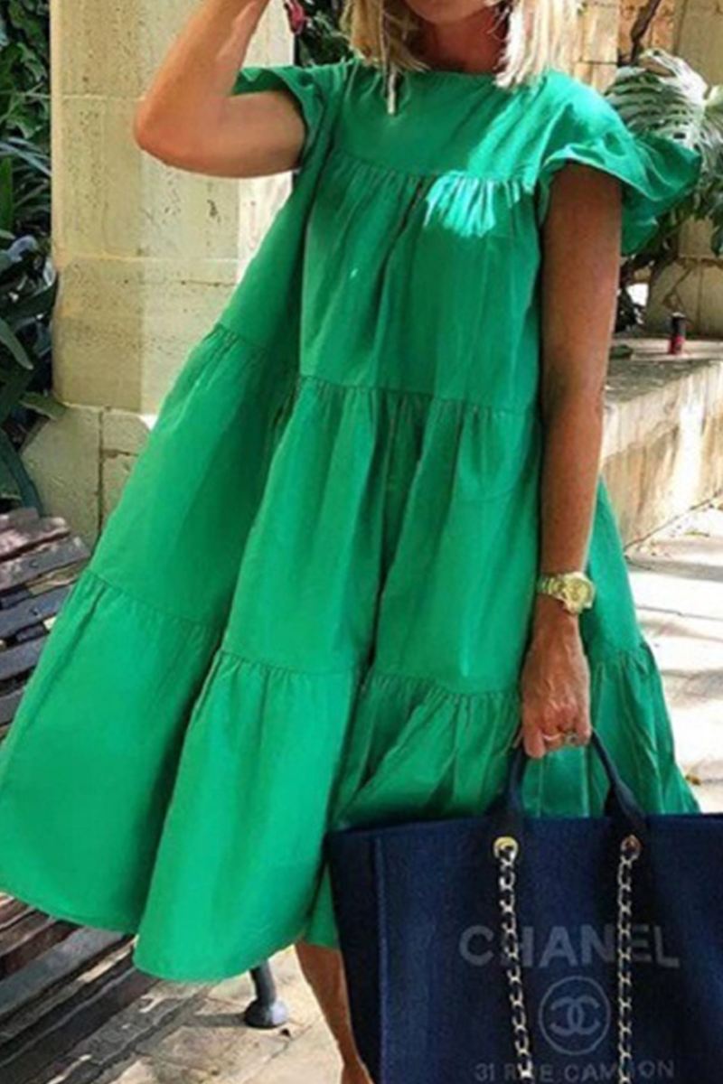 Casual Solid Patchwork O Neck Cake Skirt Dresses Green