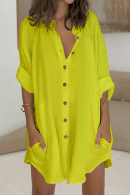 Fashion Casual Solid Patchwork Turndown Collar A Line Dresses Green