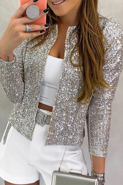 Fashion Solid Sequins Patchwork O Neck Outerwear(7 Colors)