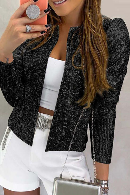 Fashion Solid Sequins Patchwork O Neck Outerwear(7 Colors)