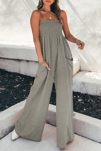 Fashion Living Solid Pocket Spaghetti Strap Loose Jumpsuits