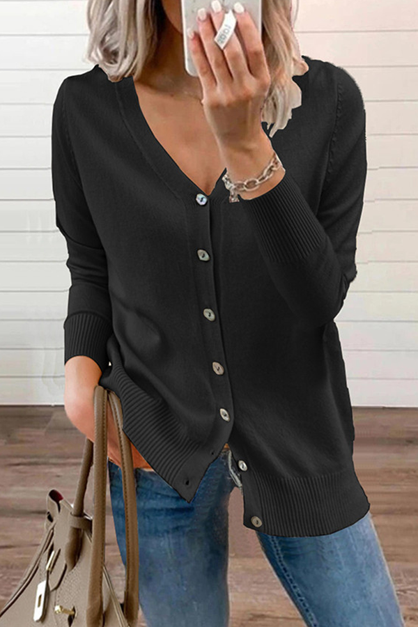 Casual Solid Patchwork Buckle V Neck Tops Sweater