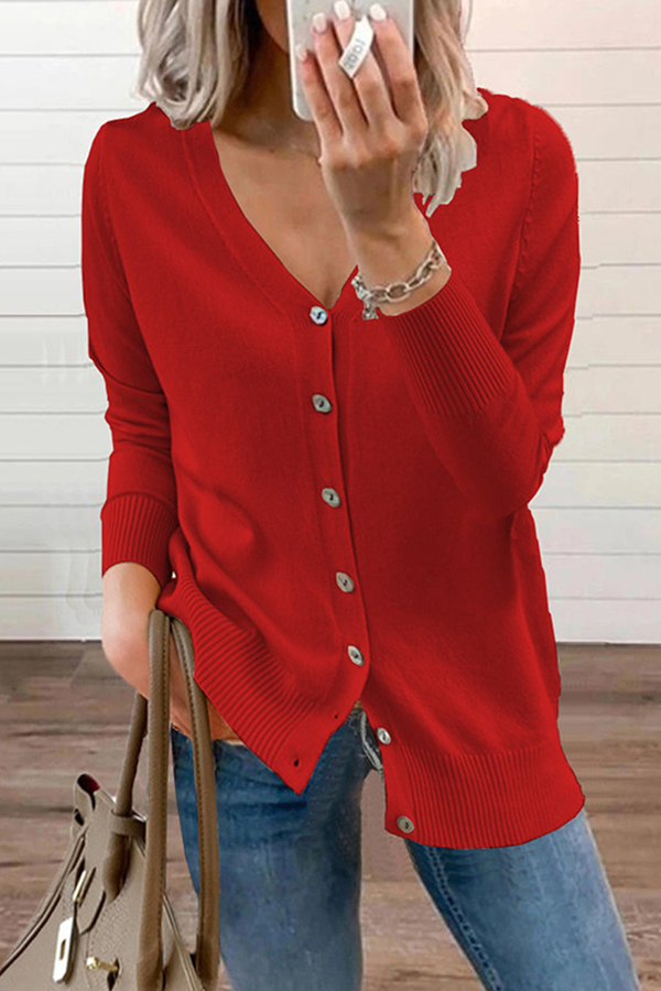 Casual Solid Patchwork Buckle V Neck Tops Sweater