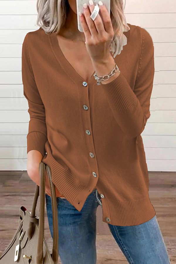 Casual Solid Patchwork Buckle V Neck Tops Sweater