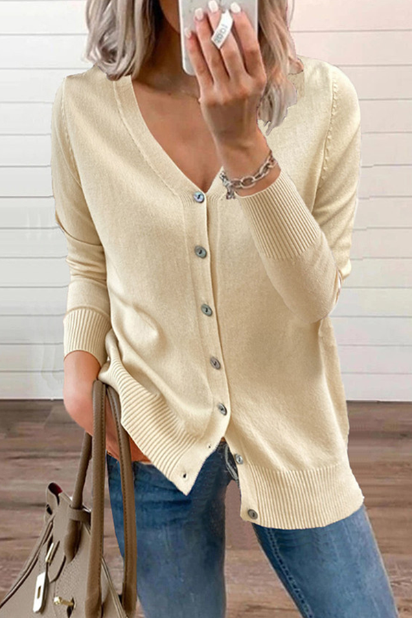 Casual Solid Patchwork Buckle V Neck Tops Sweater