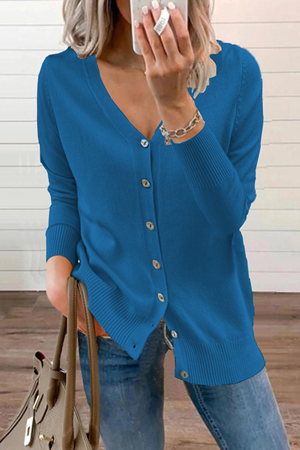 Casual Solid Patchwork Buckle V Neck Tops Sweater