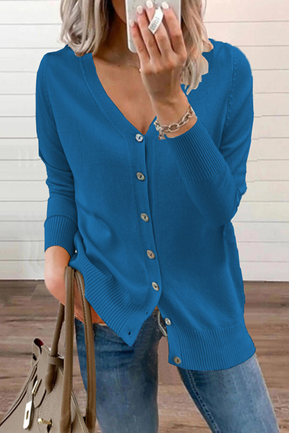 Casual Solid Patchwork Buckle V Neck Tops Sweater