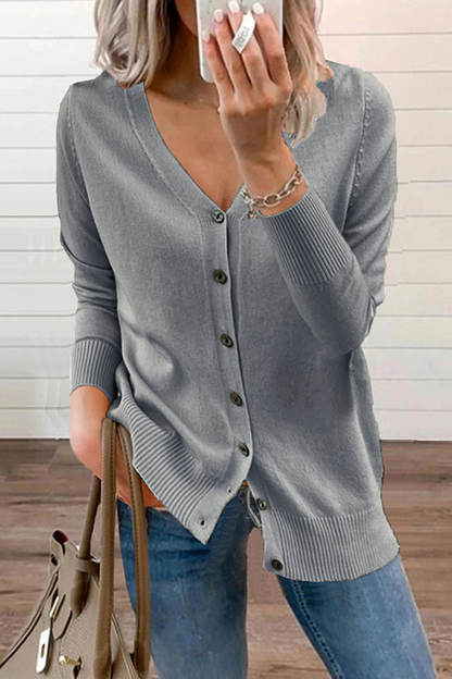 Casual Solid Patchwork Buckle V Neck Tops Sweater