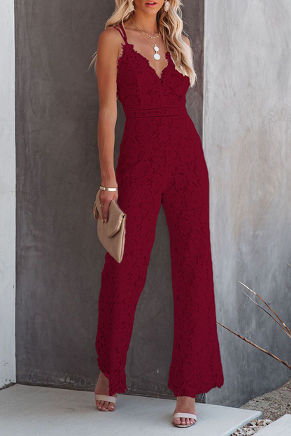 Fashion Street Solid Patchwork Backless V Neck Straight Jumpsuits(3 Colors) Burgundy