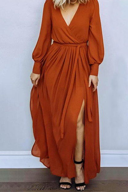 Fashion Elegant Solid Slit With Belt V Neck Dresses