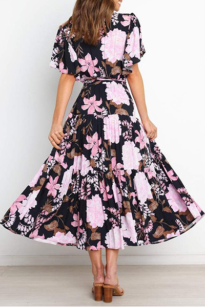 Fashion Elegant Floral Flounce Strap Design V Neck Waist Skirt Dresses