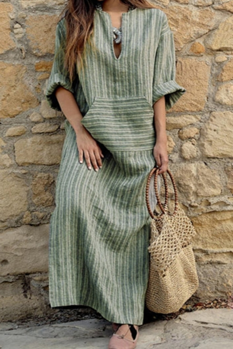 Casual Striped Patchwork V Neck Straight Dresses