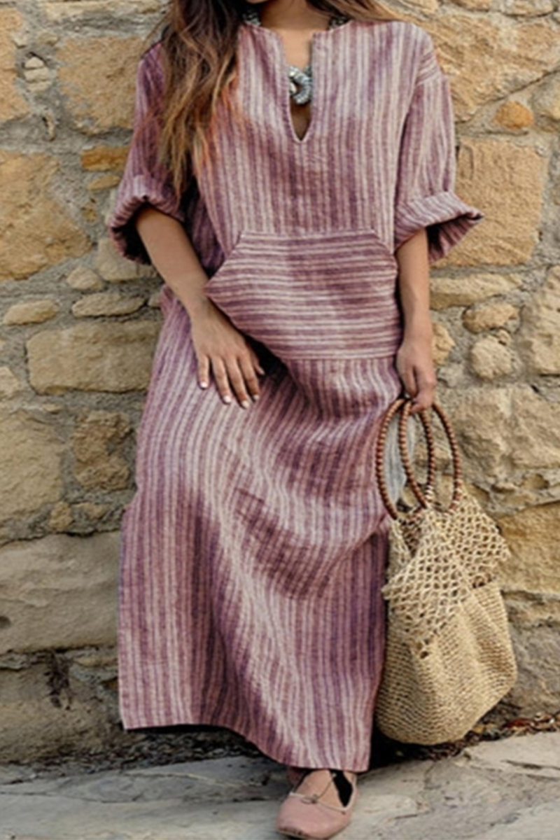 Casual Striped Patchwork V Neck Straight Dresses