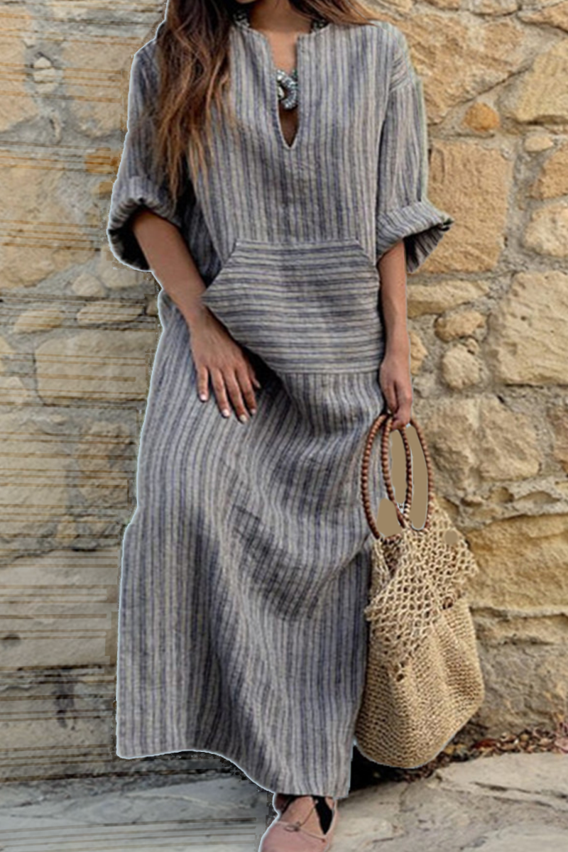 Casual Striped Patchwork V Neck Straight Dresses