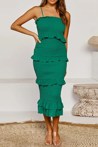 Fashion Solid Patchwork Flounce Spaghetti Strap Straight Dresses Green