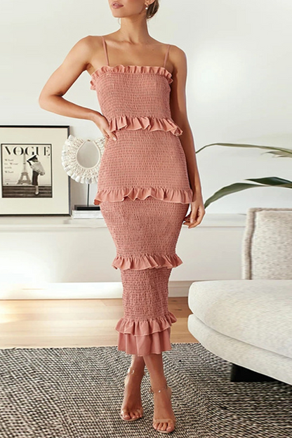 Fashion Solid Patchwork Flounce Spaghetti Strap Straight Dresses Pink