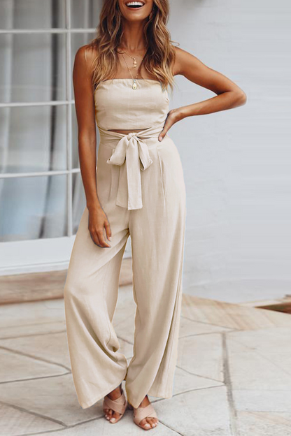 Casual Solid Patchwork Strapless Straight Jumpsuits