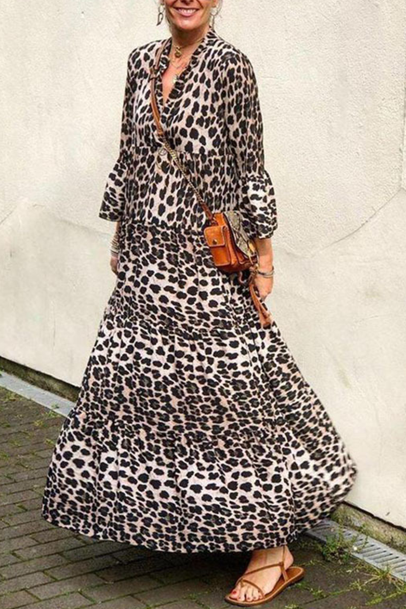 Casual Leopard Patchwork V Neck Cake Skirt Dresses Grey