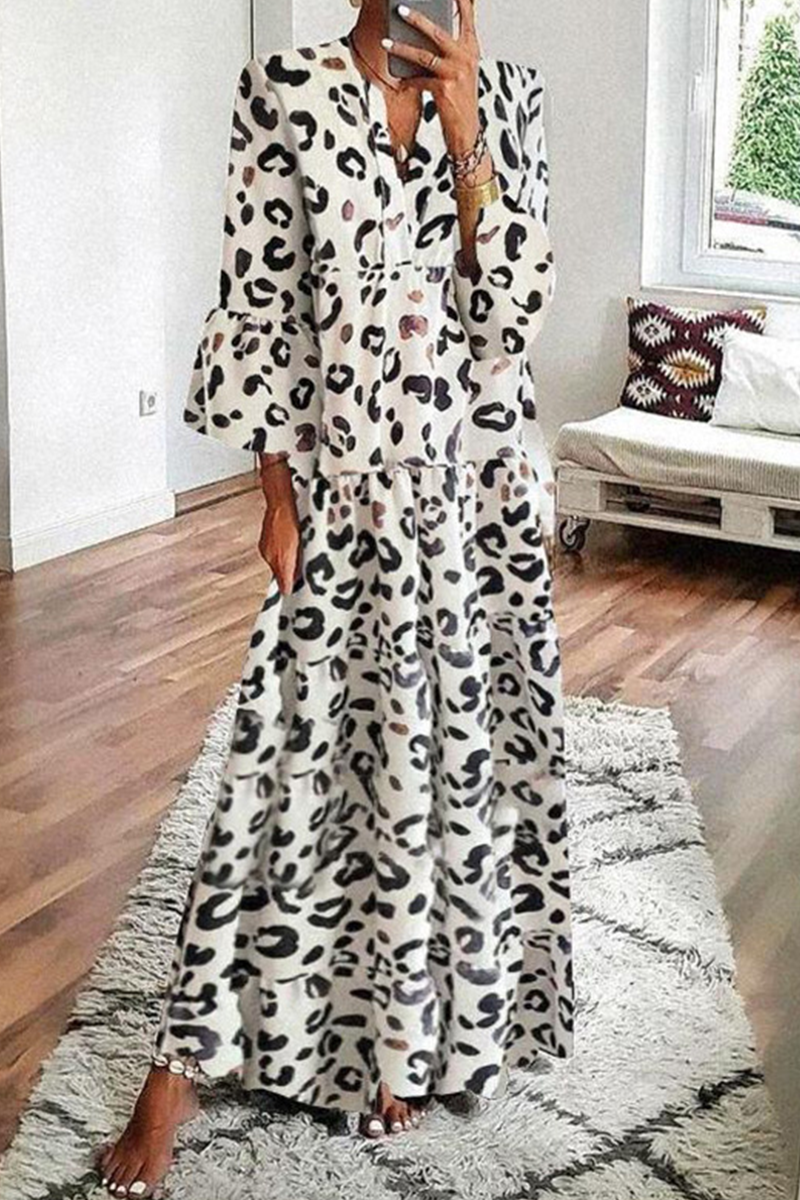 Casual Leopard Patchwork V Neck Cake Skirt Dresses White