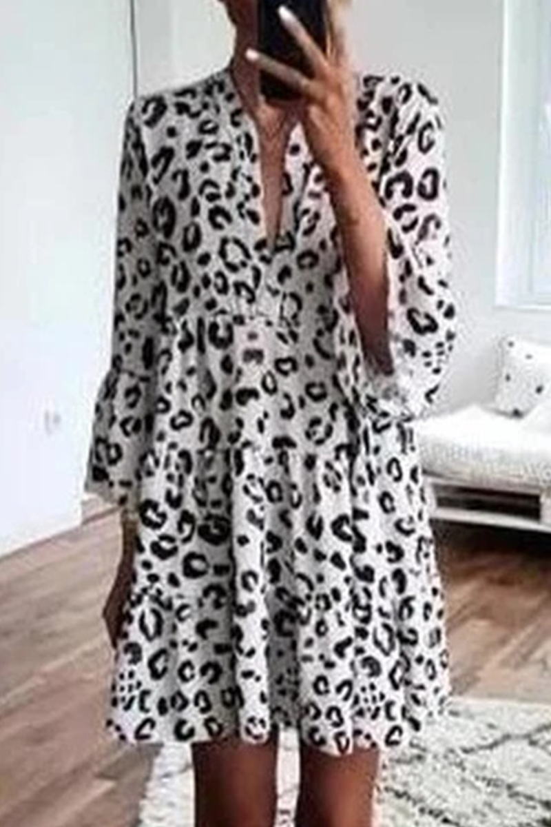 Casual Leopard Patchwork V Neck Cake Skirt Dresses Gray White