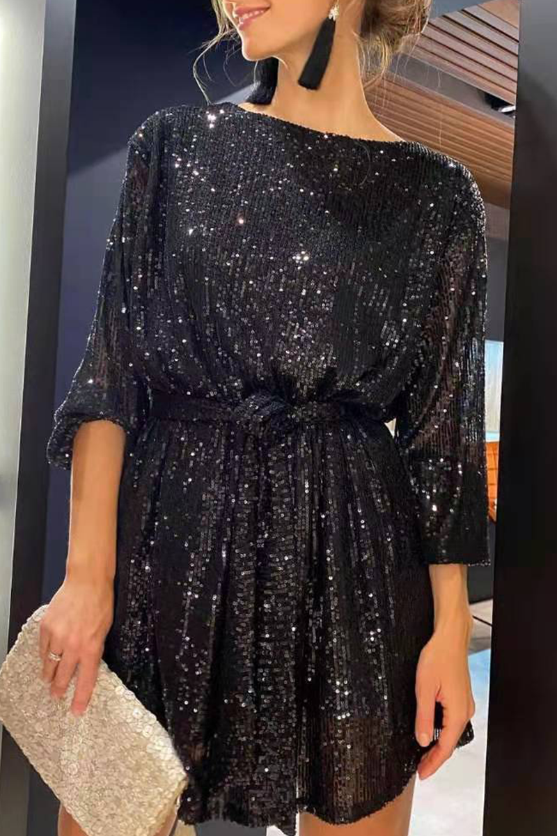 Sexy Solid Sequins Off the Shoulder Waist Skirt Dresses