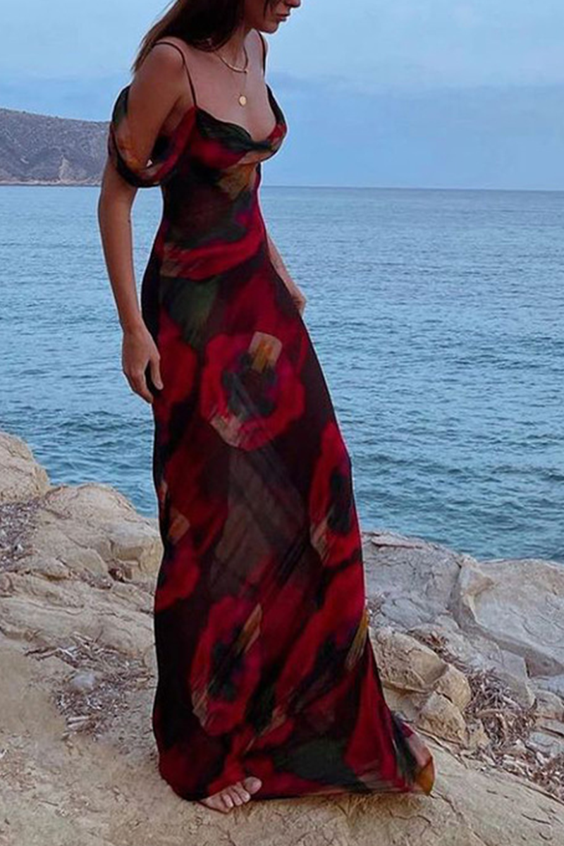 Fashion Print Patchwork Spaghetti Strap Trumpet Mermaid Dresses