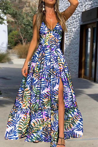 Fashion Print Slit Spaghetti Strap Cake Skirt Dresses