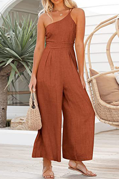 Fashion Solid Patchwork One Shoulder Straight Jumpsuits