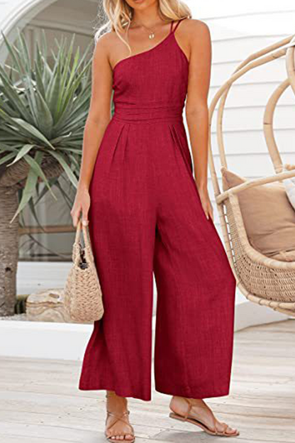 Fashion Solid Patchwork One Shoulder Straight Jumpsuits