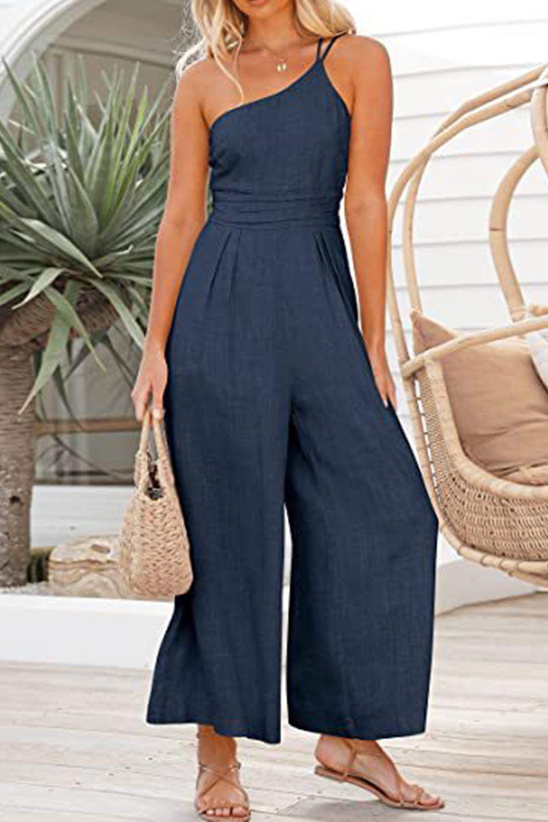 Fashion Solid Patchwork One Shoulder Straight Jumpsuits