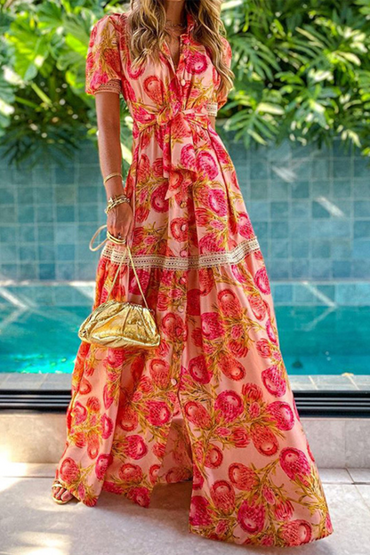 Fashion Print Patchwork V Neck Cake Skirt Dresses