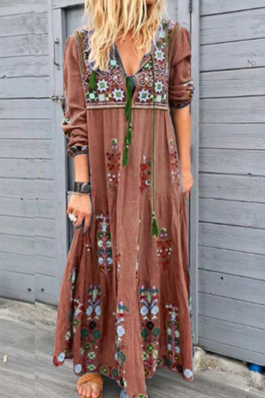 Fashion Print Patchwork V Neck Straight Dresses(4 Colors) Brown