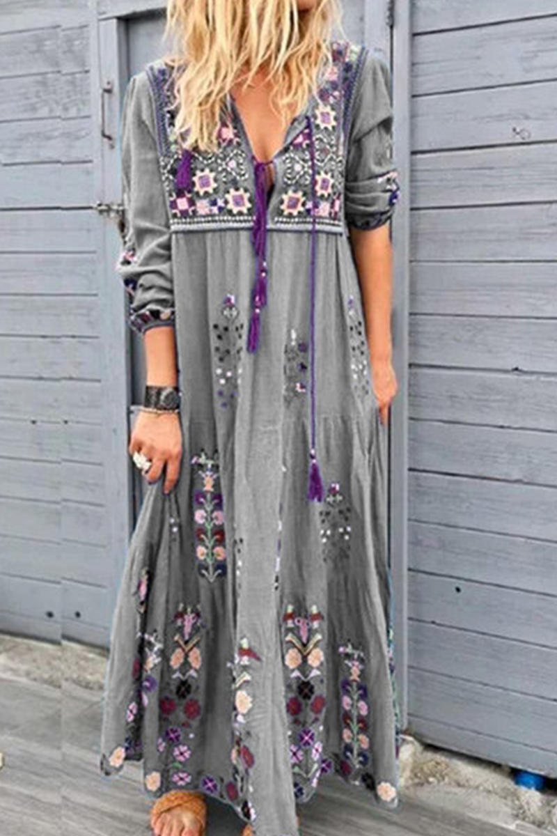 Fashion Print Patchwork V Neck Straight Dresses(4 Colors) Grey