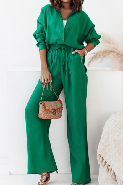 Casual Solid Split Joint Turndown Collar Long Sleeve Two Pieces(4 colors) Green