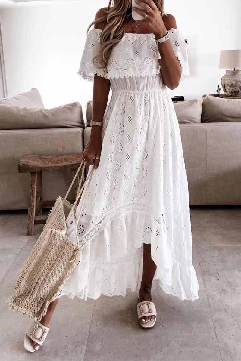 Casual Solid Lace Off the Shoulder Cake Skirt Dresses