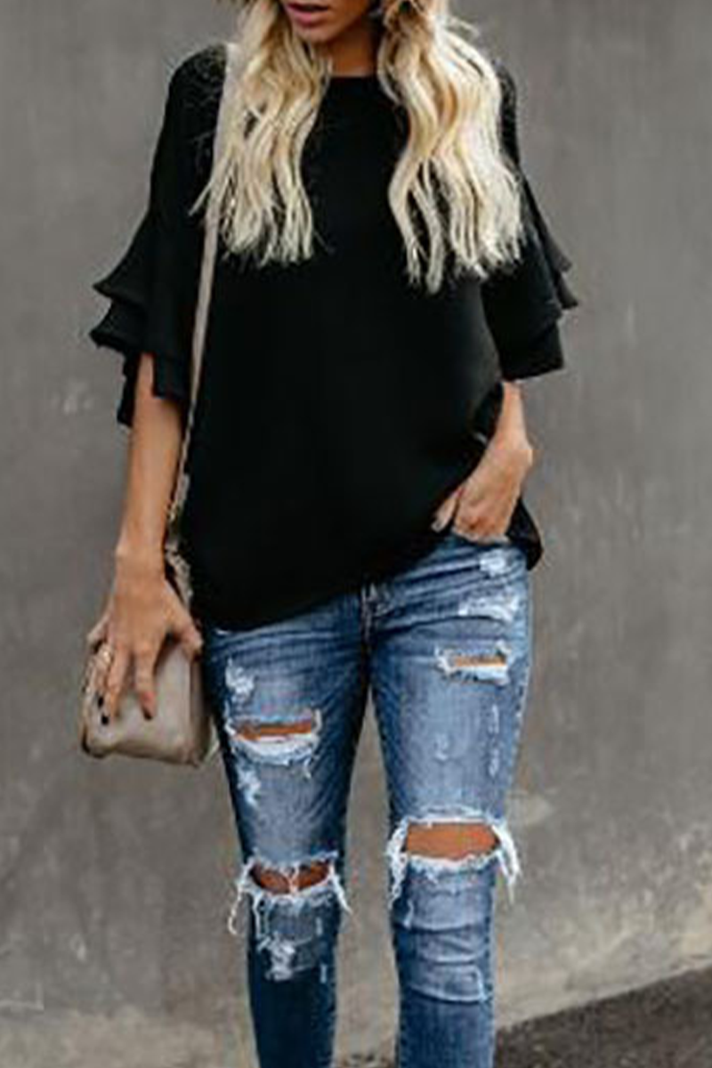 Casual Solid Flounce T-Shirts