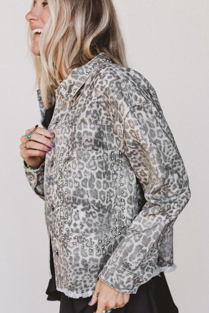 Khaki Leopard Print Studded Collar Studded Patch Pocket Denim Jacket
