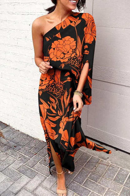 Casual Print Patchwork One Shoulder Waist Skirt Dresses