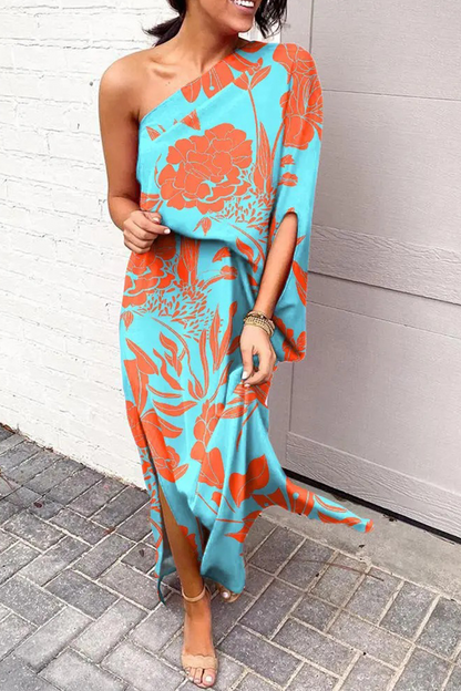 Casual Print Patchwork One Shoulder Waist Skirt Dresses