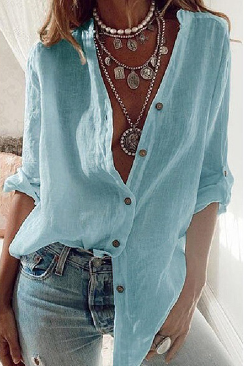 Fashion Solid Patchwork V Neck Tops Lake Blue