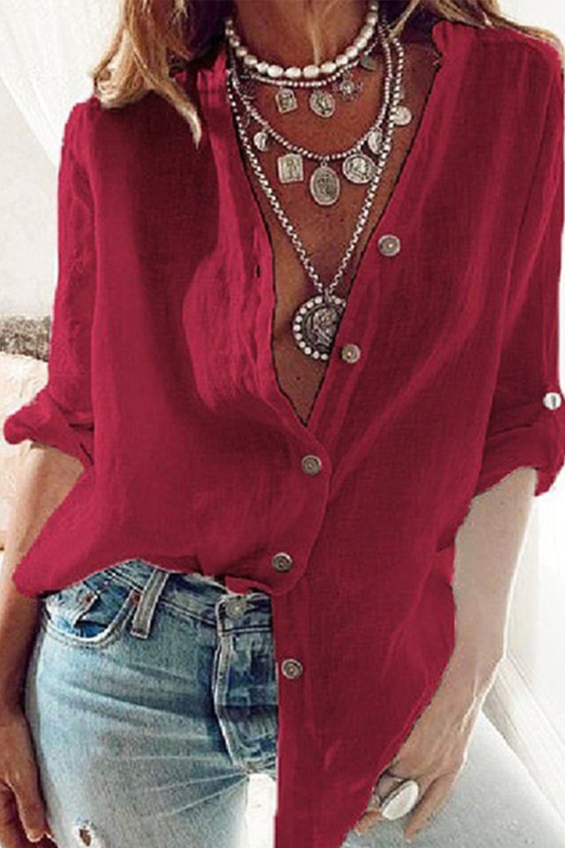 Fashion Solid Patchwork V Neck Tops Red