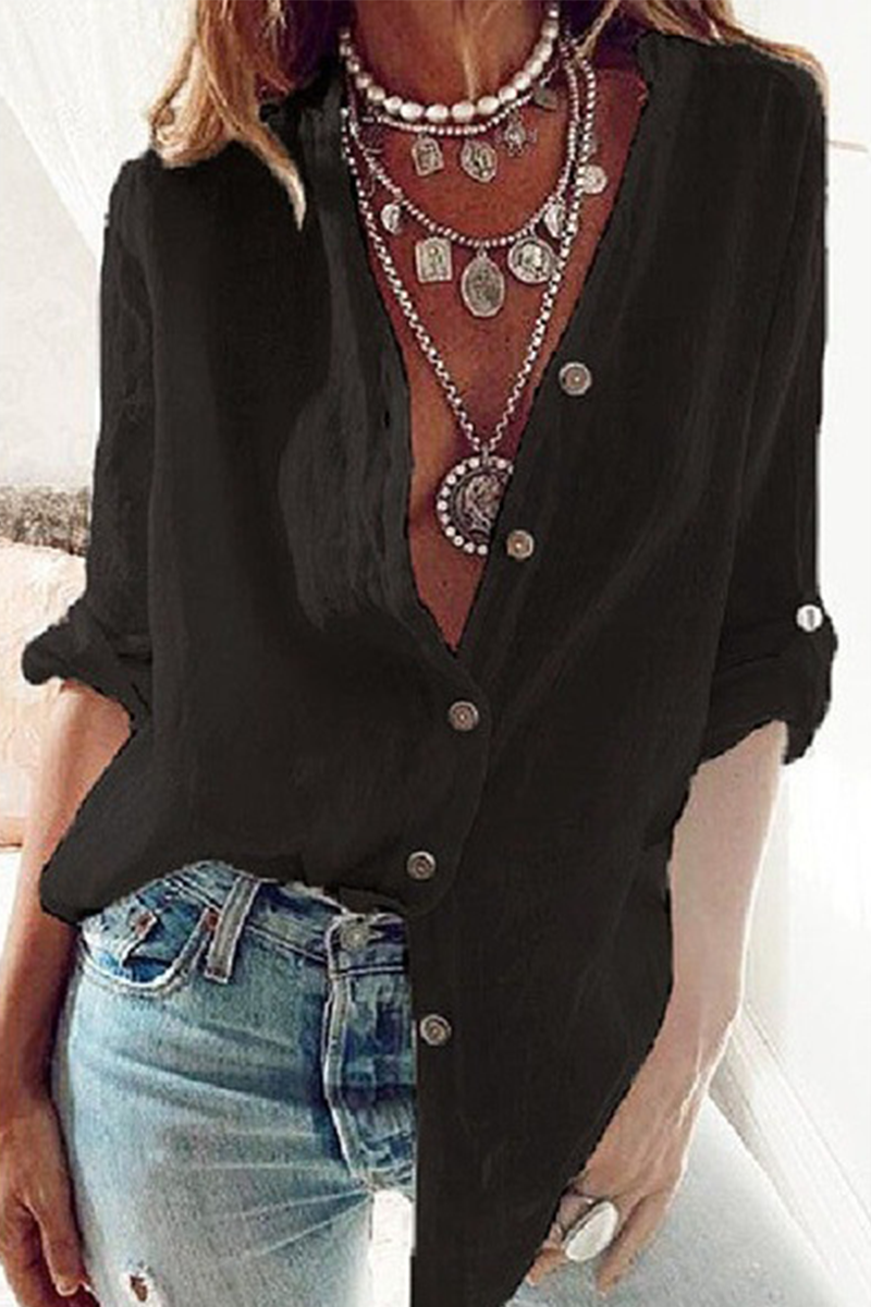 Fashion Solid Patchwork V Neck Tops Black