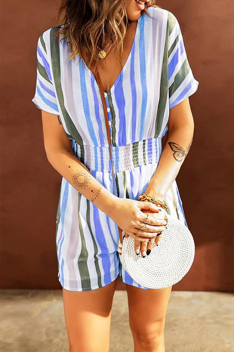 Casual Striped Patchwork V Neck Straight Rompers