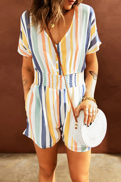 Casual Striped Patchwork V Neck Straight Rompers