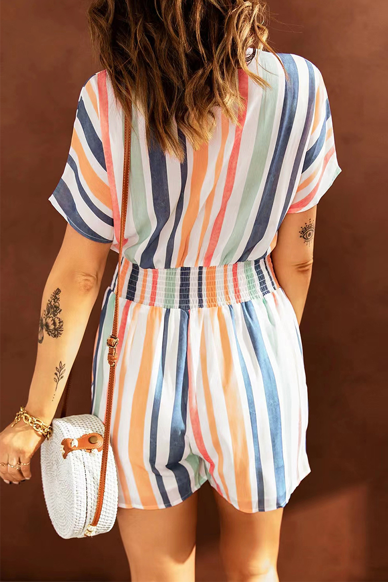 Casual Striped Patchwork V Neck Straight Rompers