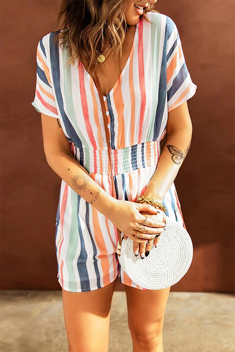 Casual Striped Patchwork V Neck Straight Rompers