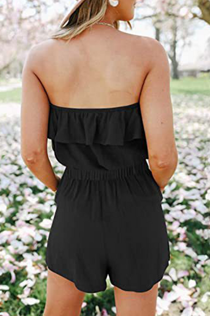 Casual Solid Flounce Strapless Straight Rompers