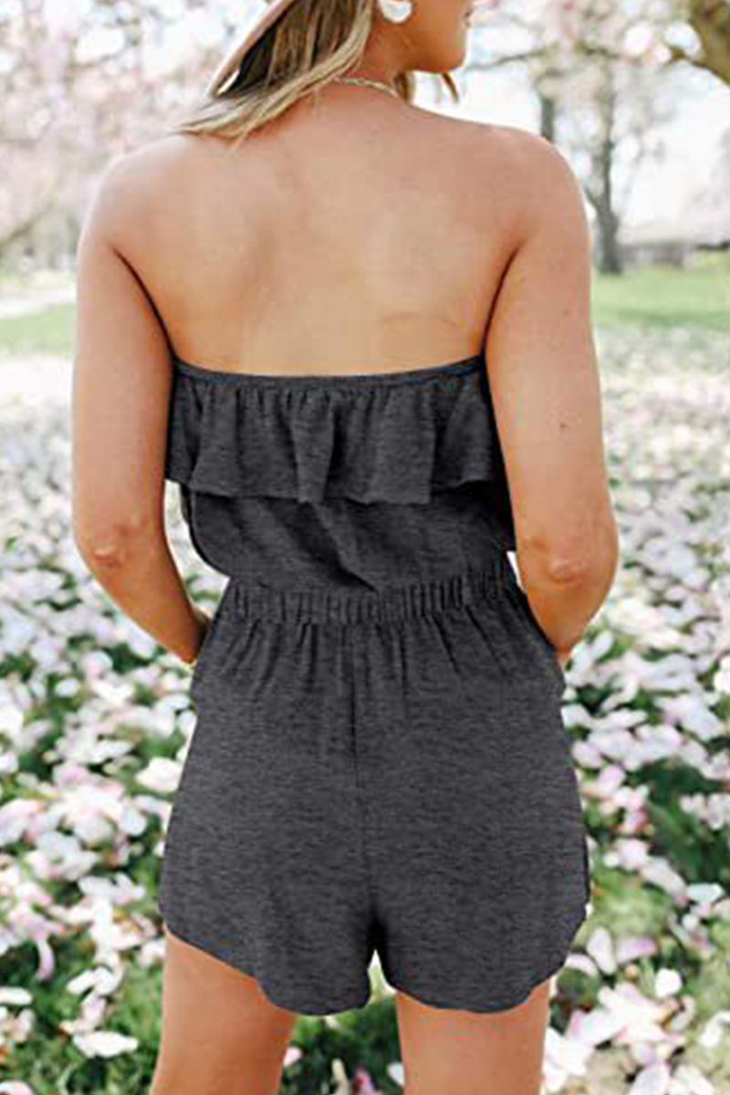 Casual Solid Flounce Strapless Straight Rompers