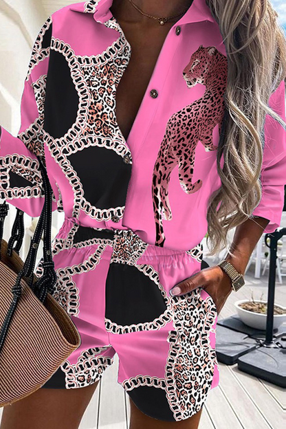 Fashion Print Patchwork Turndown Collar Long Sleeve Two Pieces