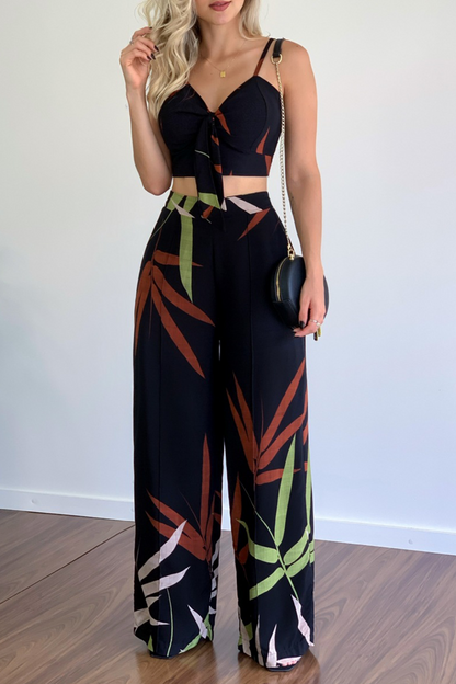 Fashion Print Patchwork Spaghetti Strap Straight Jumpsuits